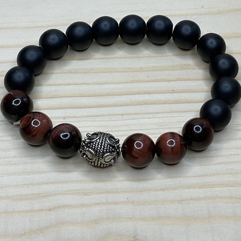 Red Tiger's Eye Black Obsidian Silver Filigree Ball Flex Protection Bracelet